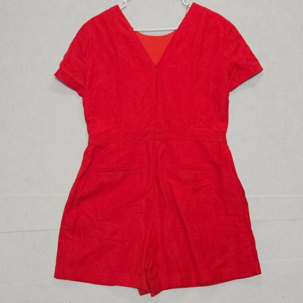 Banana Republic Red Linen Blend Short Sleeve V-Back Romper Size 8 Ptp:19
